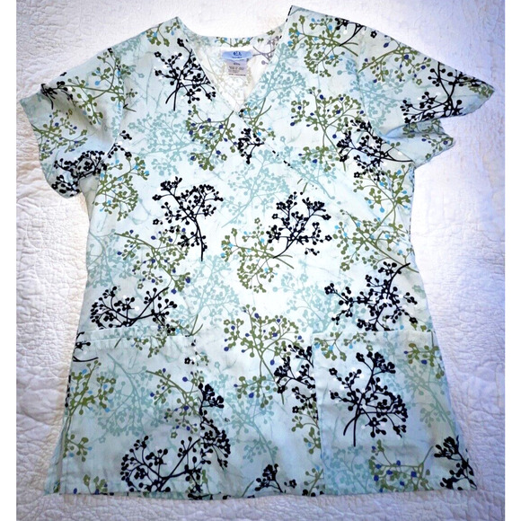 SB Scrub Top V Neck Cotton Elastic Back 3 Pocket Blue Floral Women's S Nursing - Picture 1 of 7